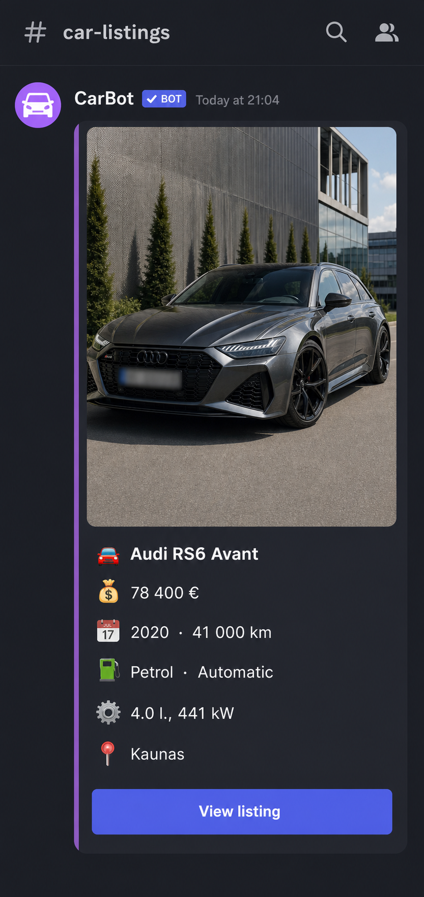 CarBot vehicle listing notification in Discord dark mode