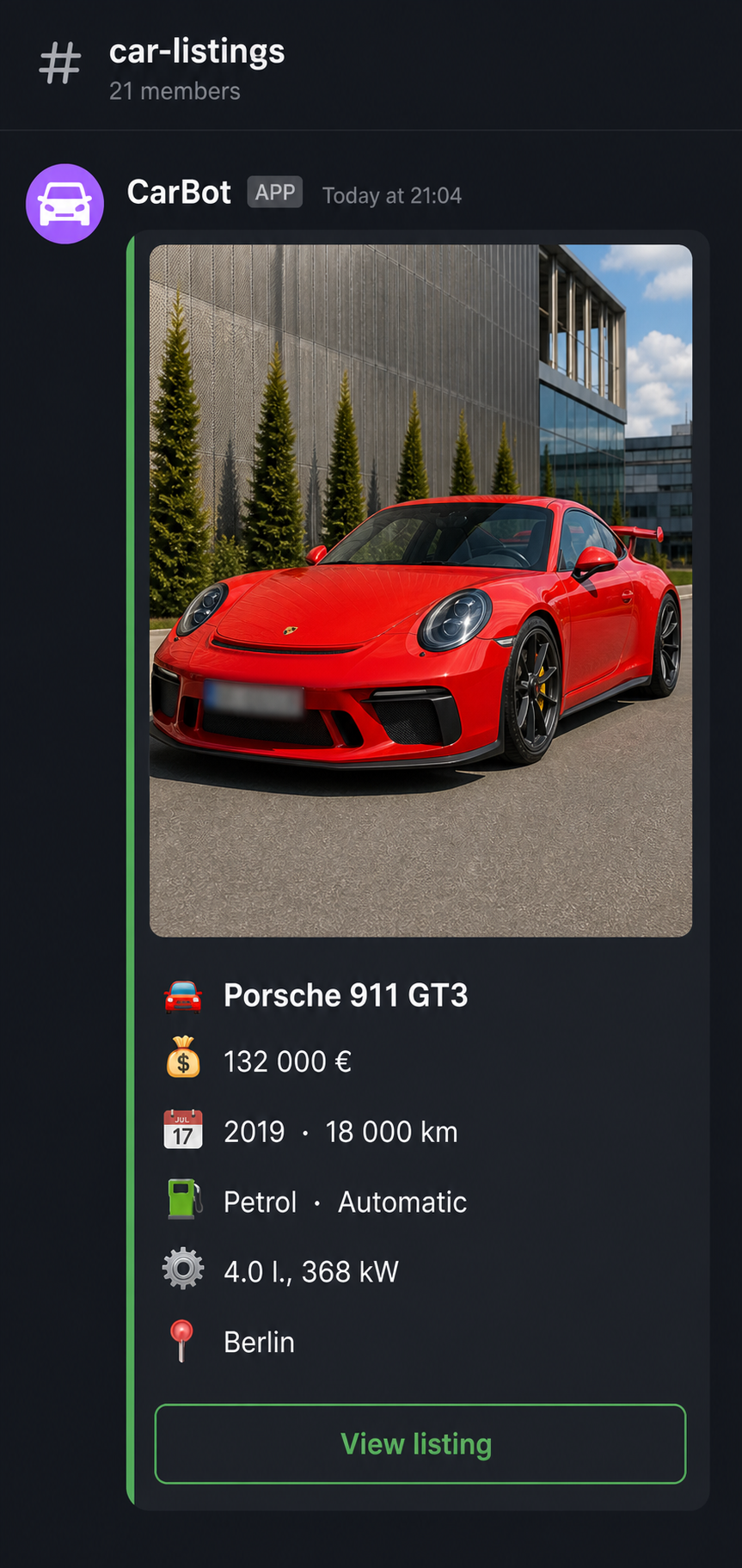 CarBot vehicle listing notification in Slack dark mode