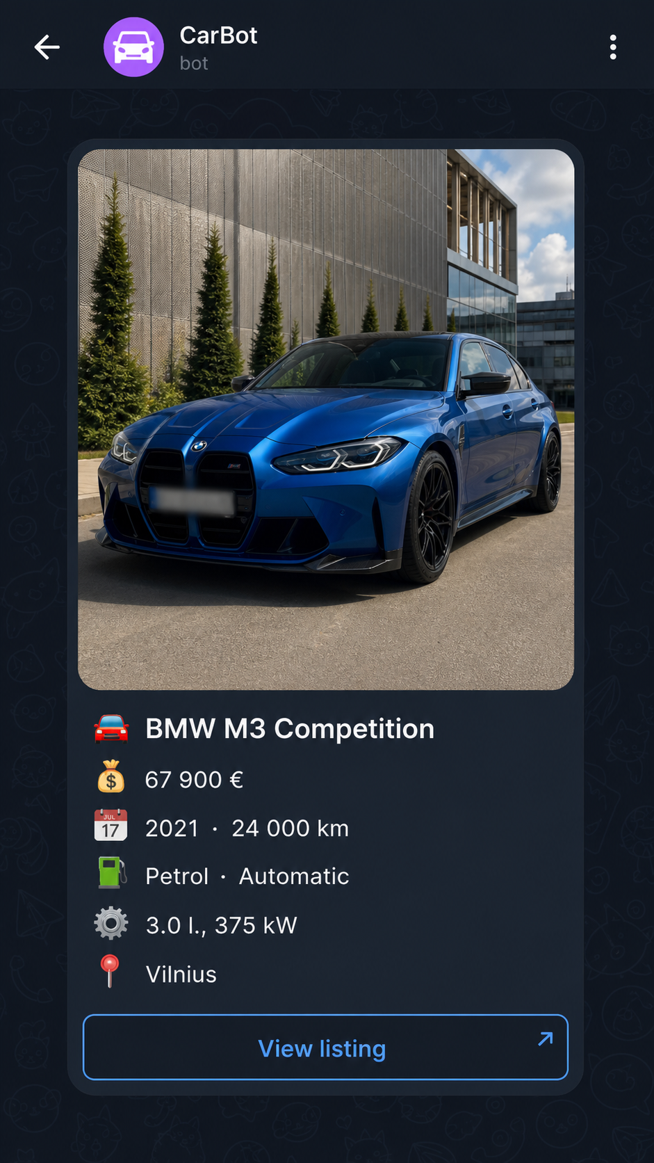 CarBot vehicle listing notification in Telegram dark mode